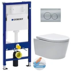Geberit Toilet Set UP100 Support Frame + SAT Wall-hung Rimless Toilet And Invisible Fixings + Delta20 Matt Chrome Plate
