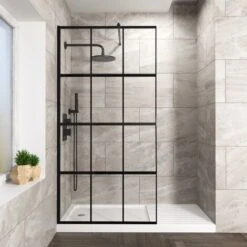Stanley 1200mm Black Grid Framed Walk-In Shower Enclosure With Support Bar -Bathroom Supplies Store 92377568 2
