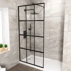 Stanley 1200mm Black Grid Framed Walk-In Shower Enclosure With Support Bar -Bathroom Supplies Store 92377568 4