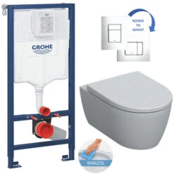 Grohe Toilet Set Rapid SL Support Frame + Geberit Rimfree Wall Hung Toilet + Skate Cosmopolitan Flush Plate