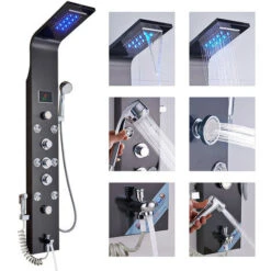 Black Hydro-Massage Shower Column Panel With LCD Display And Hand Shower And 8 Massaging Nozzles Stainless Steel Multi-Functional Shower System For Bathrooms -Bathroom Supplies Store 92849008 3
