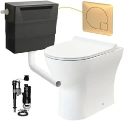 Rimless D Shape Back To Wall Toilet Pan With Soft Close Seat & Concealed Cistern Brushed Brass Plate Button