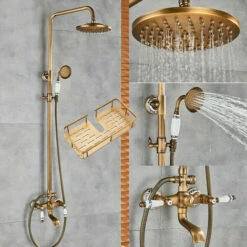 Antique Shower Faucet Set 8-inch Shower Head With Handheld Spray Double Lever Handle Tub Spout Triple Function Bathroom Shower FixtureWall Mount