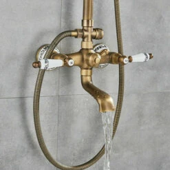 Wall Mount Antique Brass 8'' Round Shower Head Triple Function Exposed Pipe Shower System Mixer Shower Faucet Sets With 2 Lever Knobs Handheld Sprayer With Tub Spout -Bathroom Supplies Store 93564450 4