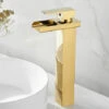 Bathroom Sink Faucet High Waterfall Spout For Washbasin, Modern Square Chrome Single Hole Cold And Hot Water Mixer Tap (Gold) -Bathroom Supplies Store 95521914 1
