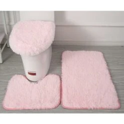 LITZEE Toilet Contour Mat Set Of 3 Soft Microfiber Bathroom Rugs Non-Slip PVC Flannel Studded Backing Bath Mat + Toilet Contour Mat + Lid Cover - Pink