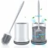 Silicone Toilet Brush With Wall And Stand Holder, Long Handled Toilet Brush And Quick Dry Holder Kit For Bathroom Cleaning And Organization - Gray