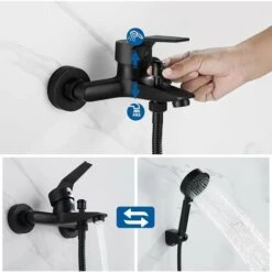 Black Bathtub Tap With 5-jet Hand Shower, Wall-Mounted Shower Mixer With 1.5m Hose And Bracket, Wall-Mounted Brass Single-Handle Bath Faucet For Bathroom -Bathroom Supplies Store 97815364 3