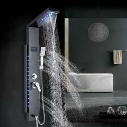 LED Shower Panel Column Tower With Waterfall,Rainfall Shower Head,Body Jets,Handheld Shower And Bath Spout 5 In 1 Multiple Function Shower System For Bathroom Black