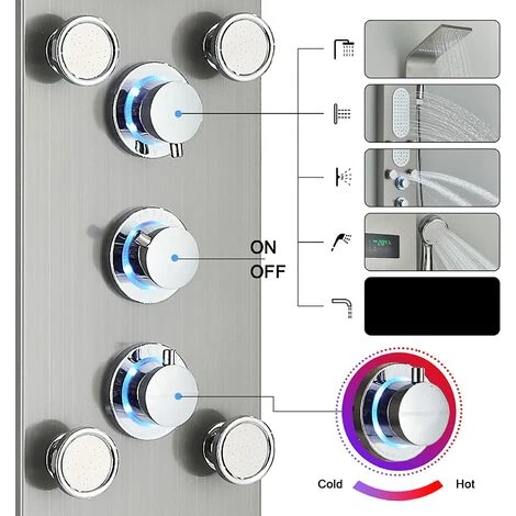 Bathroom Shower Panel Tower System LED Stainless Steel With 5 Function Shower Head Handheld Shower Massage Jets Brushed Nickel 5 Bathroom Shower Panel Tower System LED Stainless Steel With 5 Function Shower Head Handheld Shower Massage Jets Brushed Nickel - Image 3