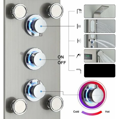 Bathroom Shower Panel Tower System LED Stainless Steel With 5 Function Shower Head Handheld Shower Massage Jets Brushed Nickel 6 Bathroom Shower Panel Tower System LED Stainless Steel With 5 Function Shower Head Handheld Shower Massage Jets Brushed Nickel - Image 4