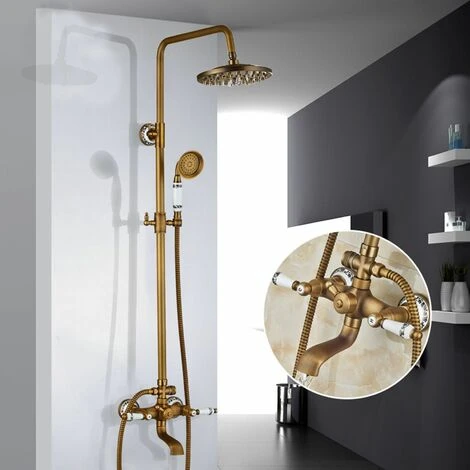 Antique Brass Shower System With 3 Functions Tap Rainfall Head, Handheld Shower, Tub Spout And Shelf, Solid Brass Retro Shower Mixer Taps For Bathroom 3 Antique Brass Shower System With 3 Functions Tap Rainfall Head, Handheld Shower, Tub Spout And Shelf, Solid Brass Retro Shower Mixer Taps For Bathroom
