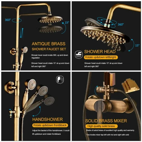 Antique Brass Shower System, Vintage Luxury Brass Shower Faucet Set, Shower Mixer Tap With Rainfall Shower Head, Handheld Shower, Rain Shower Mixer Set 5 Antique Brass Shower System, Vintage Luxury Brass Shower Faucet Set, Shower Mixer Tap With Rainfall Shower Head, Handheld Shower, Rain Shower Mixer Set - Image 3